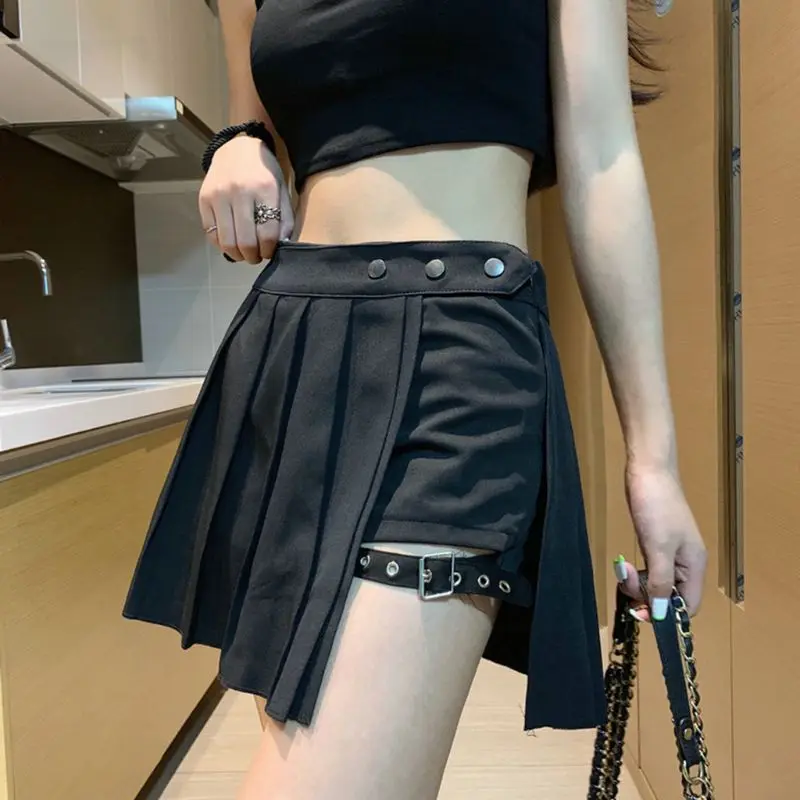 

Womens Harajuku Punk Irregular Mini Pleated Skater Skirt Asymmetric Cutout High Waist Hip Hop Clubwear with Thigh Ring Shorts