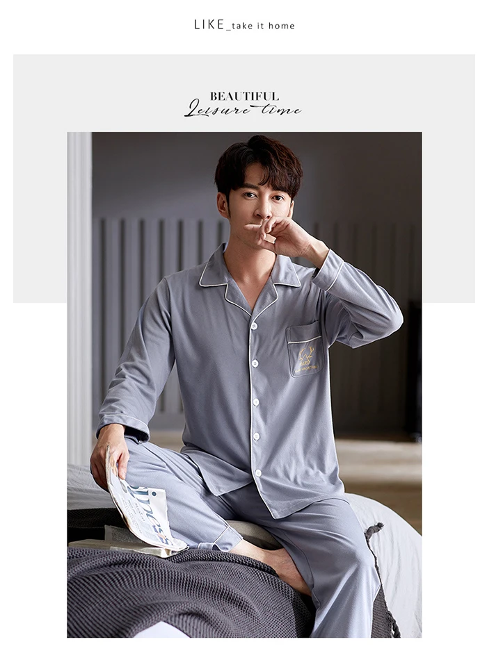 Men Pyjama Set 100% Cotton Spring Long Sleeve Print Men Pajama Suit Autumn Nightwear Collar Pijama Male Sleepwear Two Piece XXXL mens short pjs