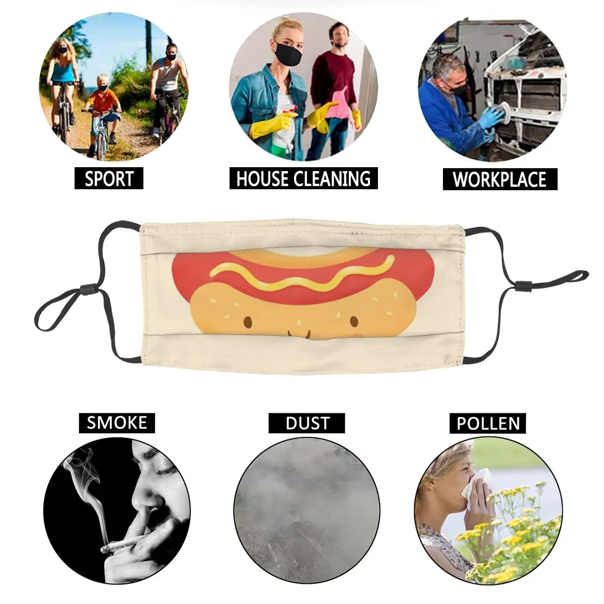 

Happy Hot Dog Kawaii Unisex Reusable Face Mask Yummy Foodie Anti Haze Anti Dust Protection Cover Respirator Mouth Muffle