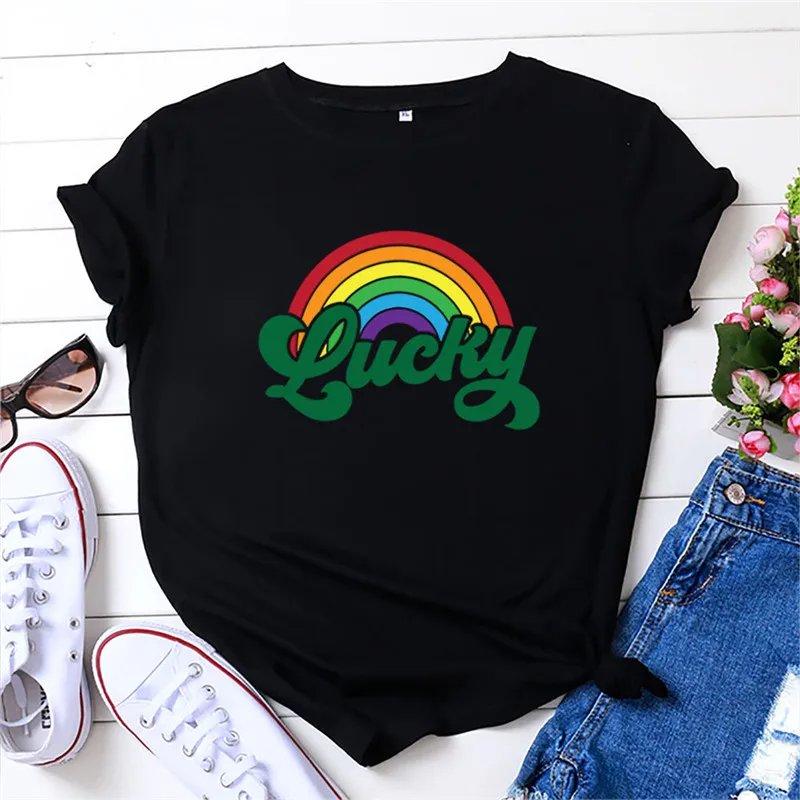 

Rainbow T Shirt Women Summer 20201 Plus Size Lucky Print Harajuku Graphic Tees Casual Short Sleeve Cotton T Shirts T-shirt Tops