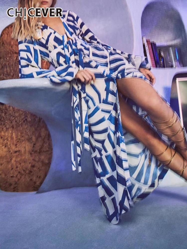 

CHICEVER Casual Midi Dress For Women V Neck Long Sleeve High Waist Print Colorblock Split Thigh Dresses Female Clothing 2021