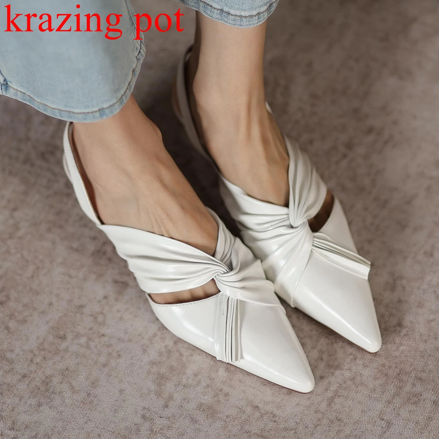 

Krazing Pot full grain leather pointed toe stiletto med heels slingback fashion shallow wedding bow art design style pumps l53