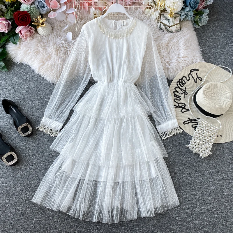 2020 весенне осеннее Новое корейское кружевное газовое платье с длинными рукавами