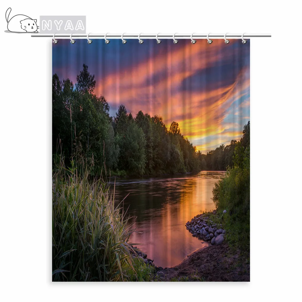 

Forest Shower Curtain Set With Hooks Mountain Stream Wooden Bridge Shore Of Lake Tree Sunbeam Sunset Polyester Fabric Bathroom