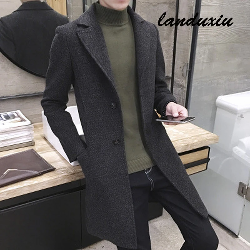 Men Fashion Coats Casual Long Top Thick Wool Trench Warm Lapel Spring Autumn Overcoat landuxiu