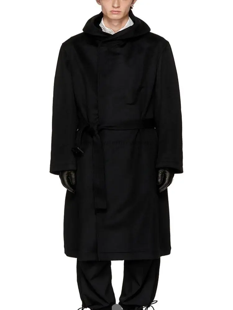 

Мужская шерстяная ветровка, пальто на осень и зиму, новая однотонная длинная свободная модная мужская одежда с воротником-стойкой и капюшон...