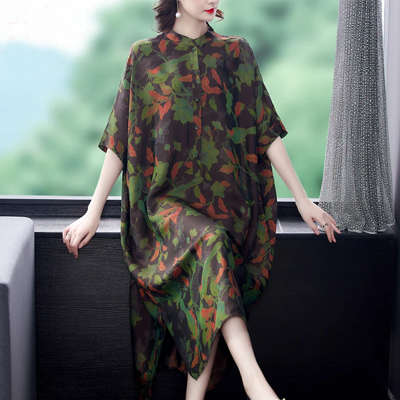 

Women Loose office lady Natural Silk Shirt Dress 2022 Spring Vintage Print Casual Midi Dresses Elegant Bodycon Party Vestidos
