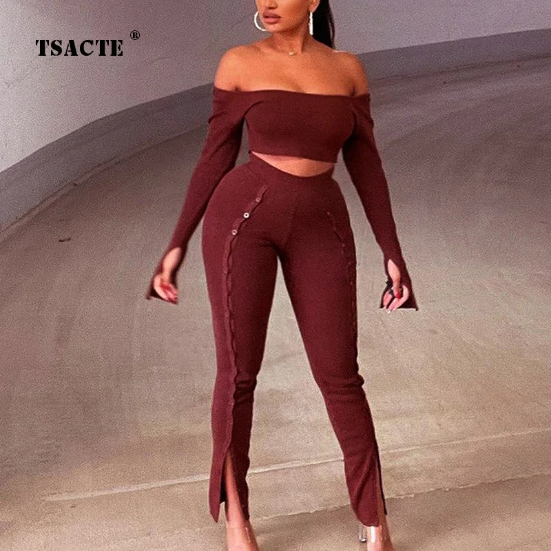 

Весенняя модная новая красная пикантная укороченная Футболка с воротником-лодочкой и длинным рукавом комплект с брюками на пуговицах с разрезом Осенняя винтажная уличная одежда костюм из двух предметов