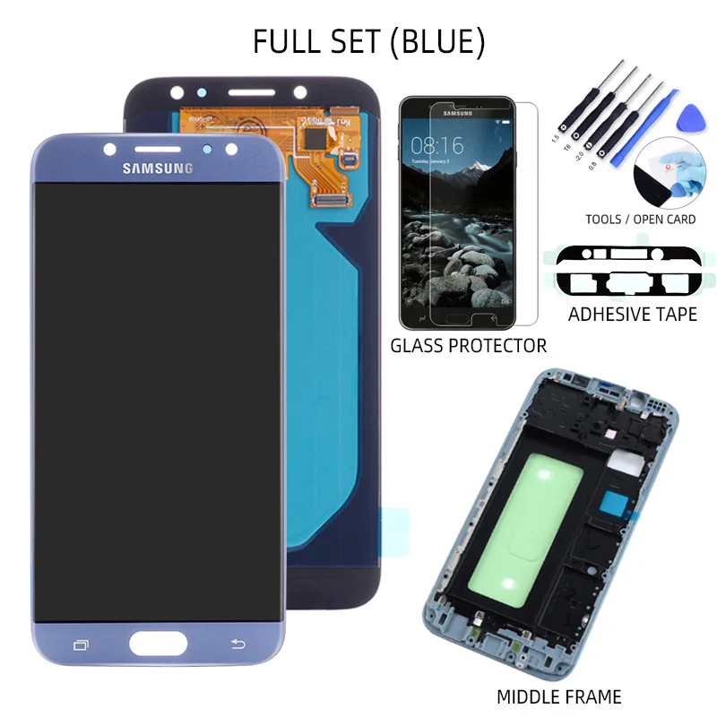 AMOLED Дисплей для SAMSUNG Galaxy J7 Pro J730 J730F LCD в сборе с тачскрином 5.5" Черное золото Голубое розовое золото - Цвет: Full Set - Blue