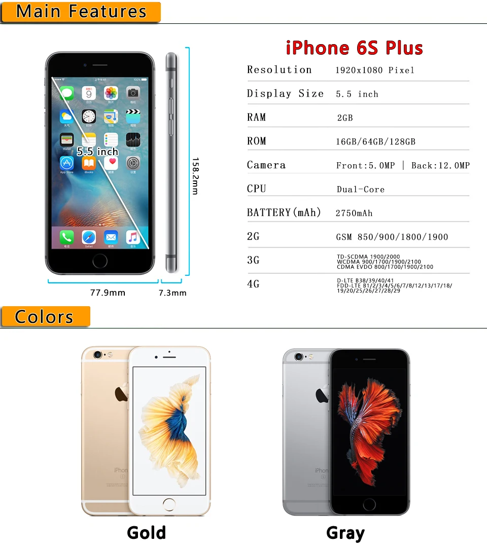 الهاتف الذكي الأصلي الذي تم تجديده من هاتف أبل أيفون 6S بلس 5,5 بوصة IOS ثنائي النواة A9 128 ГБ Встроенная память 2 Гб Оперативная память 12.0MPtel éfonoMóvil4G