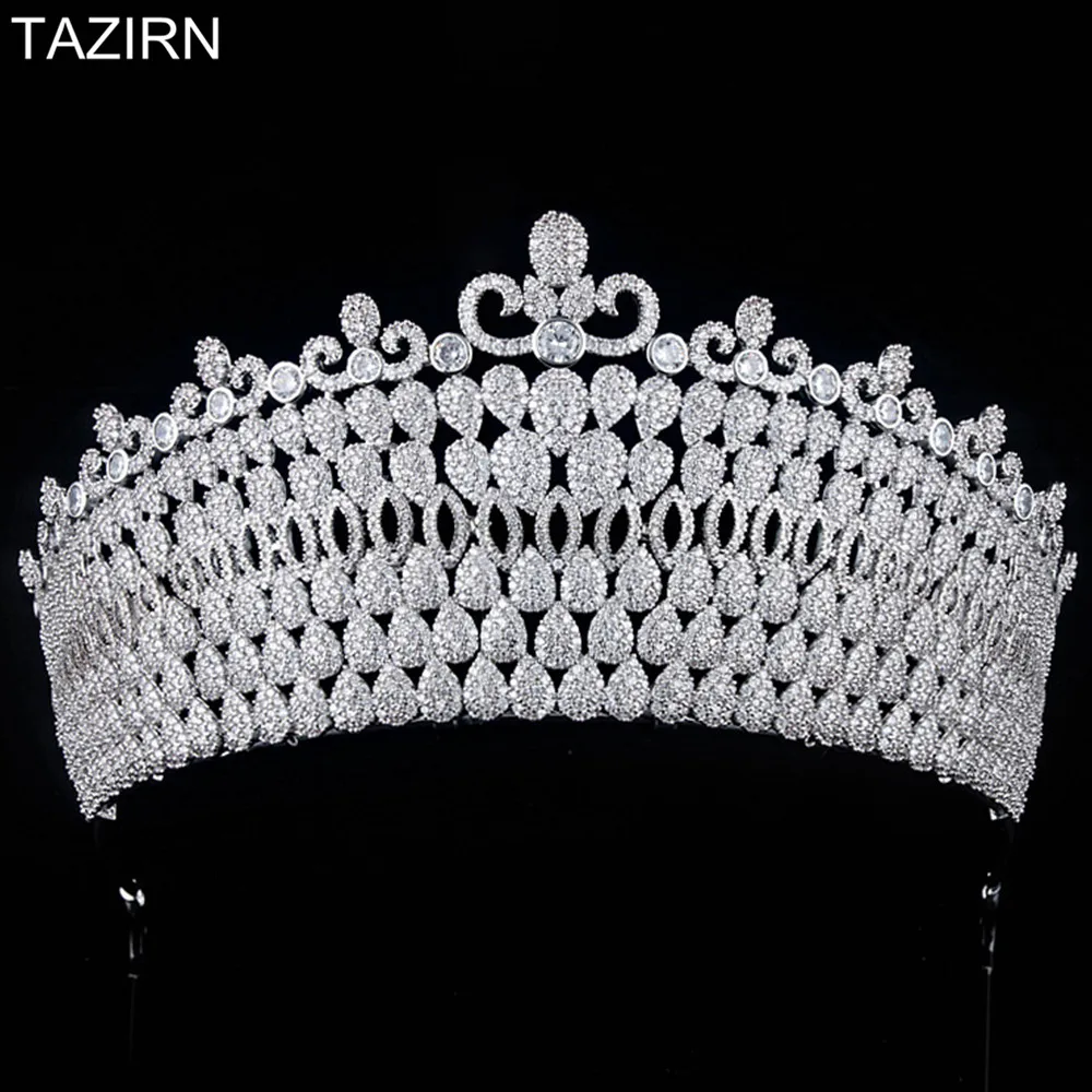

Royal Queen Princess Full Zircon Tall Tiaras and Crowns Cubic Zirconia Wedding Bridal Headpieces CZ Pageant Party Hair Jewelry