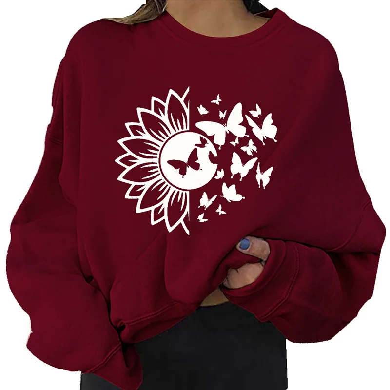 New Flower Butterfly Print Round Neck Red Sweatshirts Women Big Size Streetwear Autumn Thin Hoodie Long Sleeve Pullovers XXL