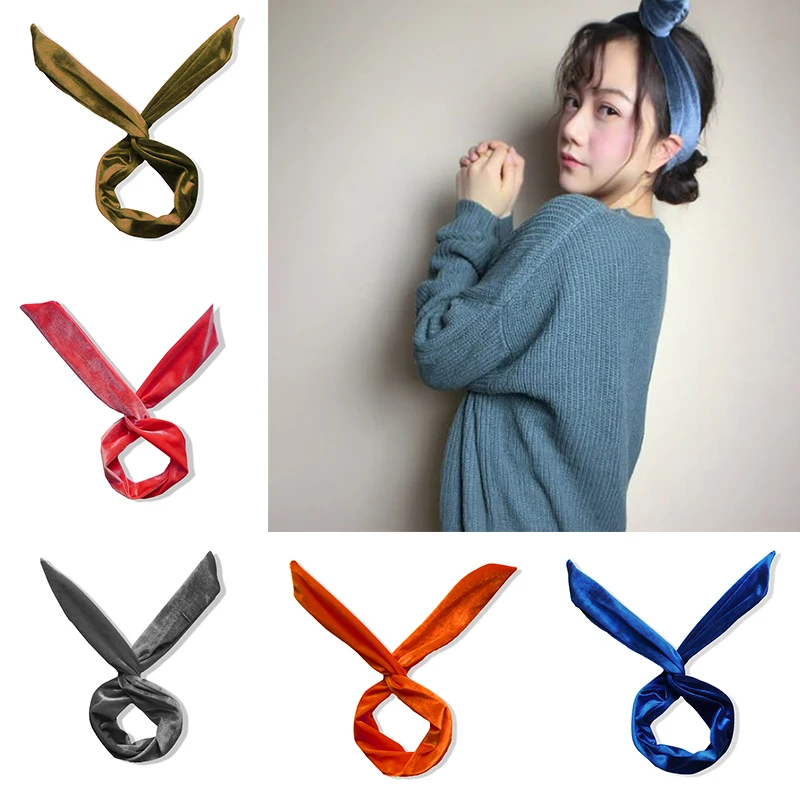 

Женские милые бархатные колготки ободок с кроличьими ушками однотонные Цвет бантом тюрбан Мода повязка для волос для девочек, женские аксе...