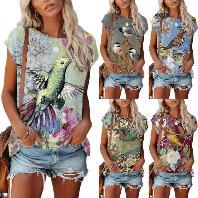 

Женская футболка с коротким рукавом и круглым вырезом, с принтом птиц