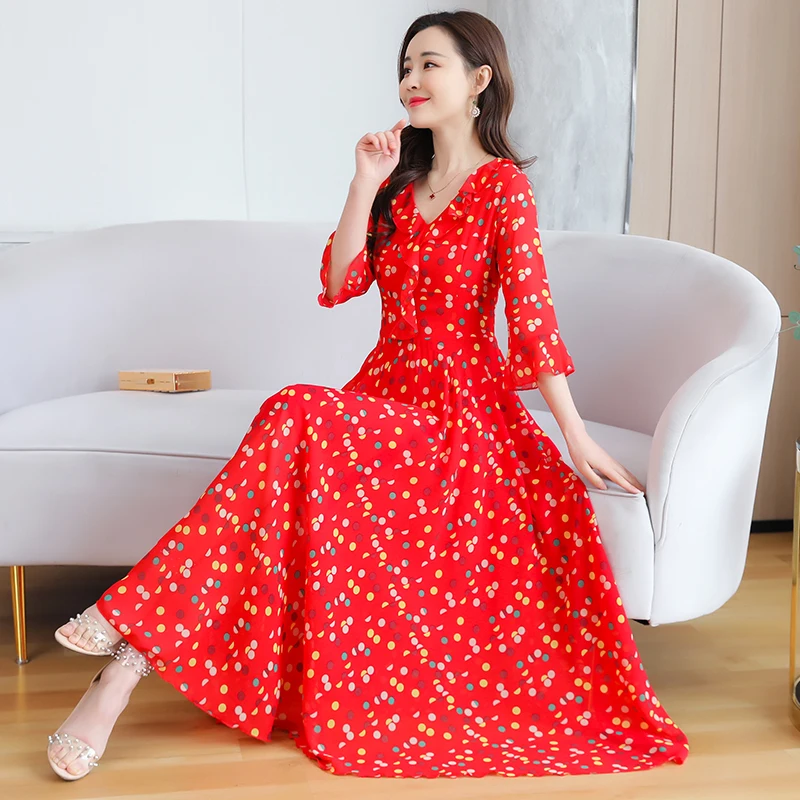 

Chiffon Long Dress V Neck Blue Red Dresses Womens Clothing Hot Length Summer Elegant Polka Dot Large Size Short Sleeve Style Age