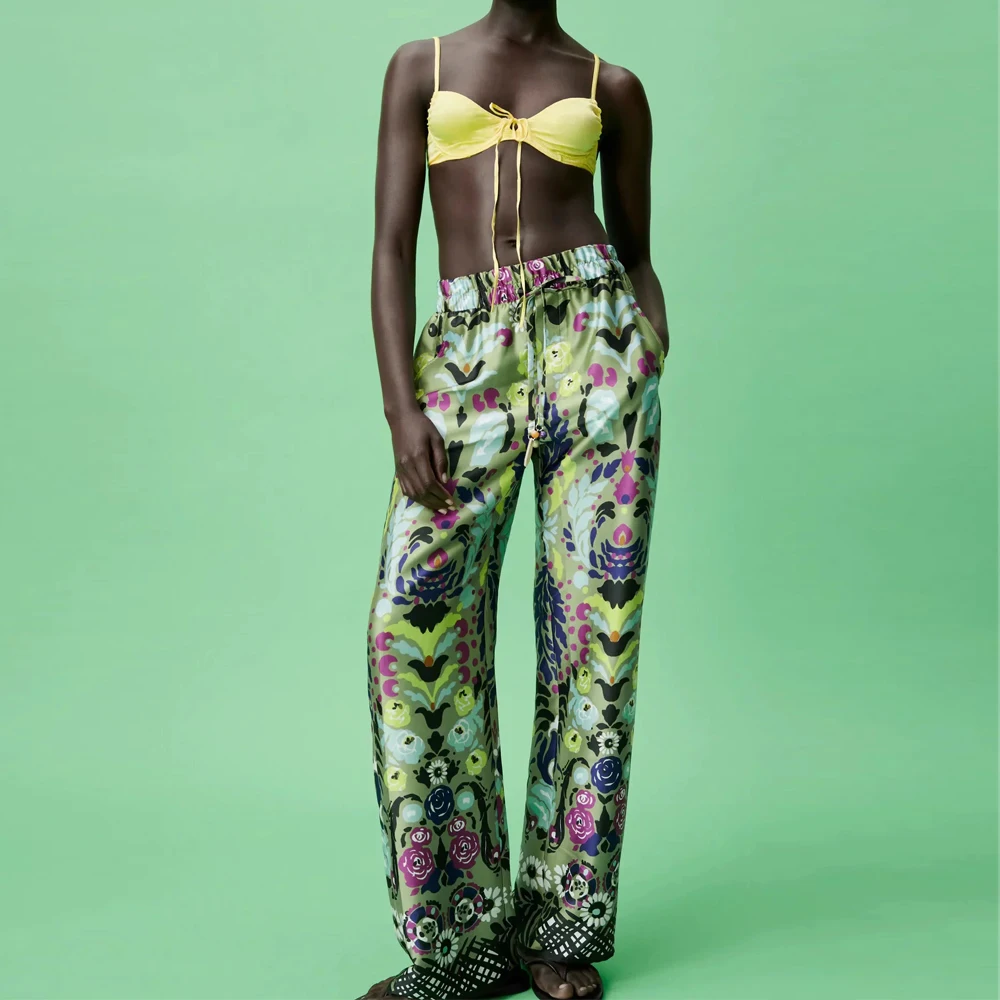 

Za 2021 Tide women Printed Pantalon streetwear high waist Loose pants Female pocket vintage Totem Elastic waist Trousers Mujer
