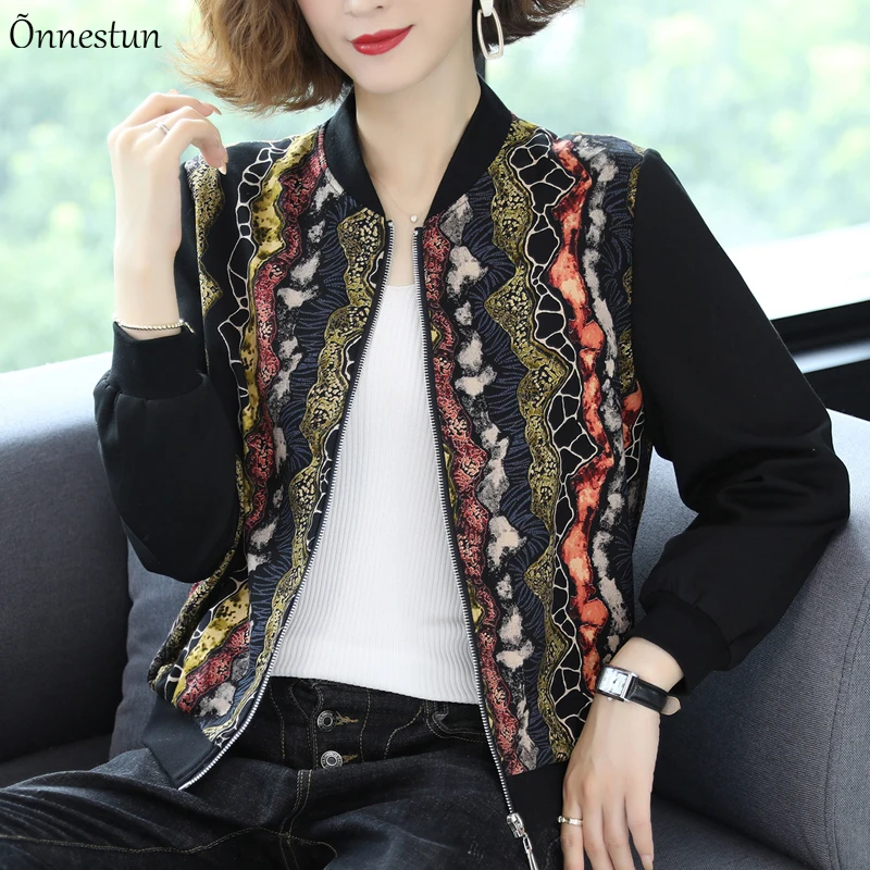 

Print Baseball Jacket Autumn Women 2021 New Patchwork Zipper Woman Jacket Harajuku Print Plus Size Coat Women