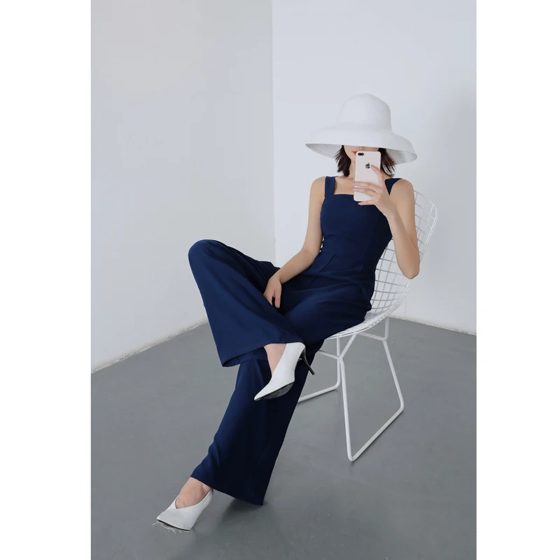 Женский офисный комбинезон в стиле ретро длинный с широкими штанинами