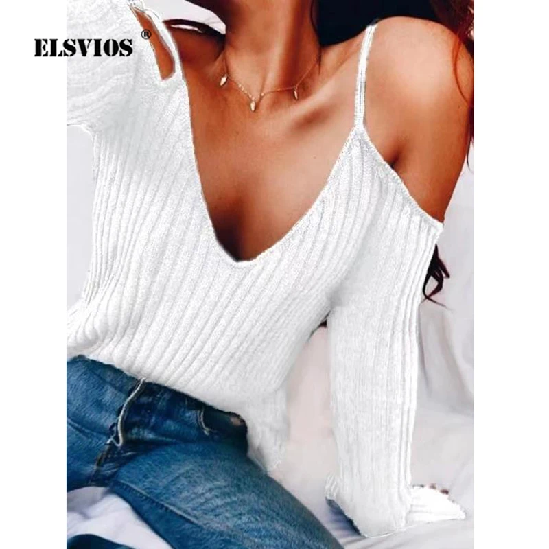ELSVIOS сексуальный с открытыми плечами расклешенными рукавами базовый топ женский