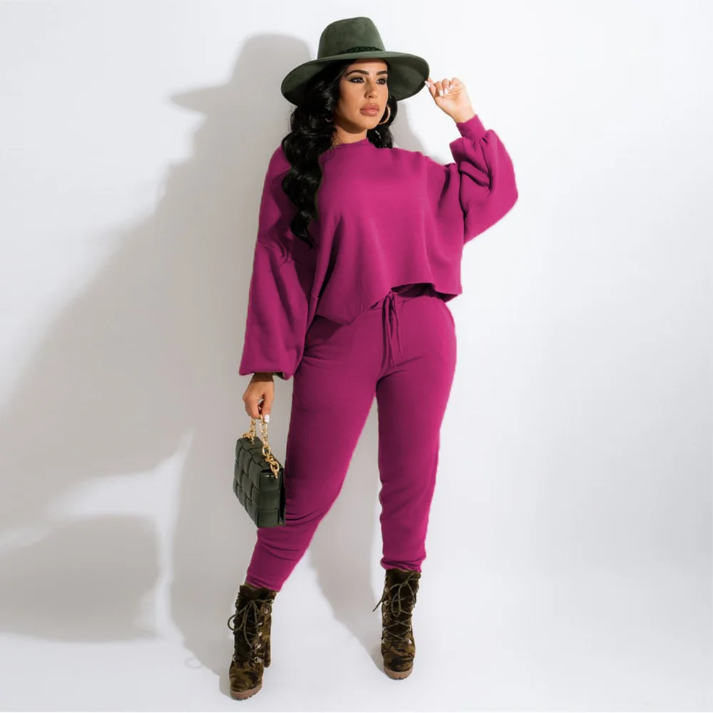 

Casual Wear Two Piece Pant Suits Women Simple Solid One Shoulder Long Sleeve Loose Pullover+popular Warm Sweatpant Female Outfit