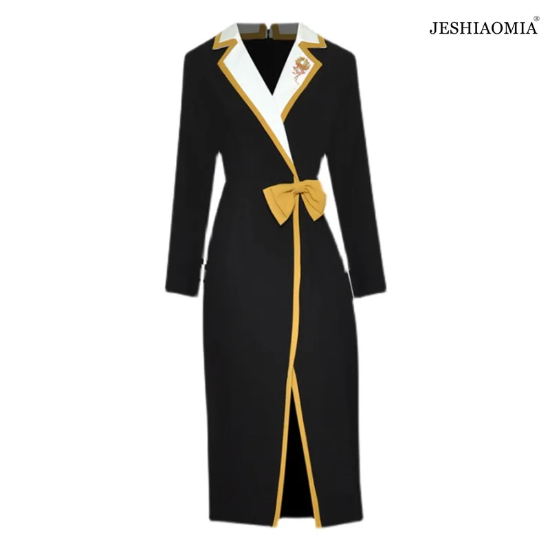 

JESHIAOMIA- 2021 Autumn Notched Collar Bow Embellished Midi Dress