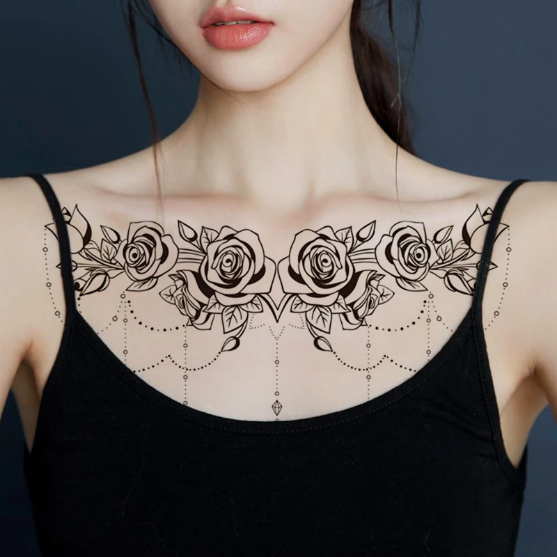 

Waterproof Temporary Tattoo Sticker Black White Rose Pearl Chain Flash Tattoo Female Black Sexy Body Art Chest Fake Tattoo Male