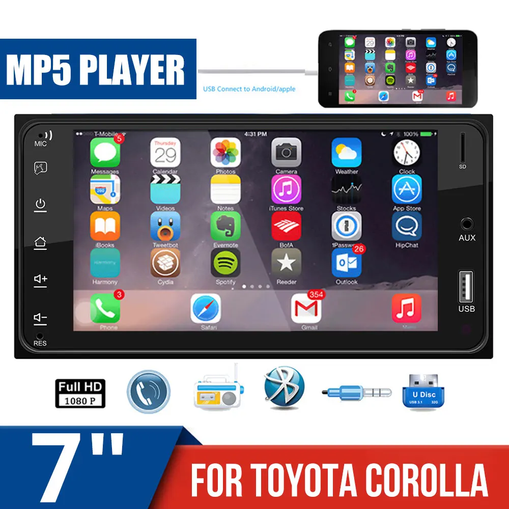 7 Inch Dual Ingot Car MP5 Player Phone Connected Bluetooth Reversing Rear View HD Capacitive Screen For Toyota Corolla | Автомобили и