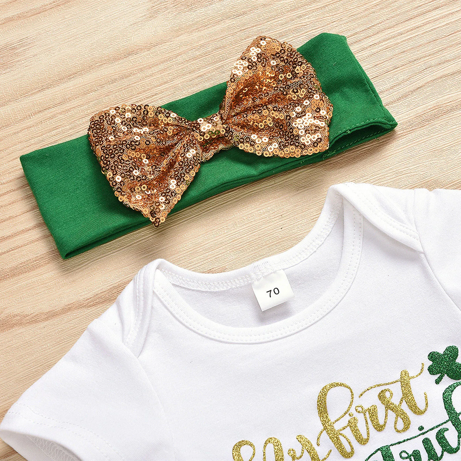 

2021 Infant Baby Girl St Patrick's Day Letter Print Romper Short Sleeves Tops Tutu Skirt with Leg Warmer Set Summer Kids Clothes