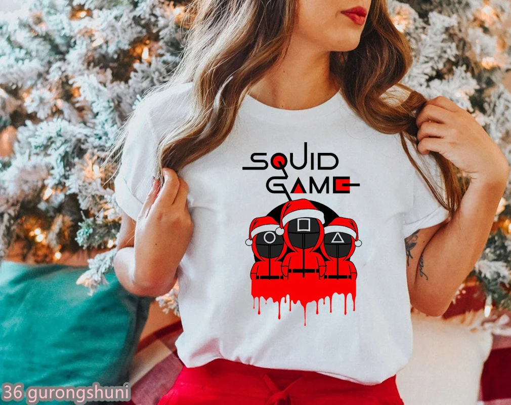 

Cute Squid Game T Shirt Merry Christmas T-Shirt Happy Squidmas Tshirt Women Clothes Female CLothing Short Sleeve Tees Top