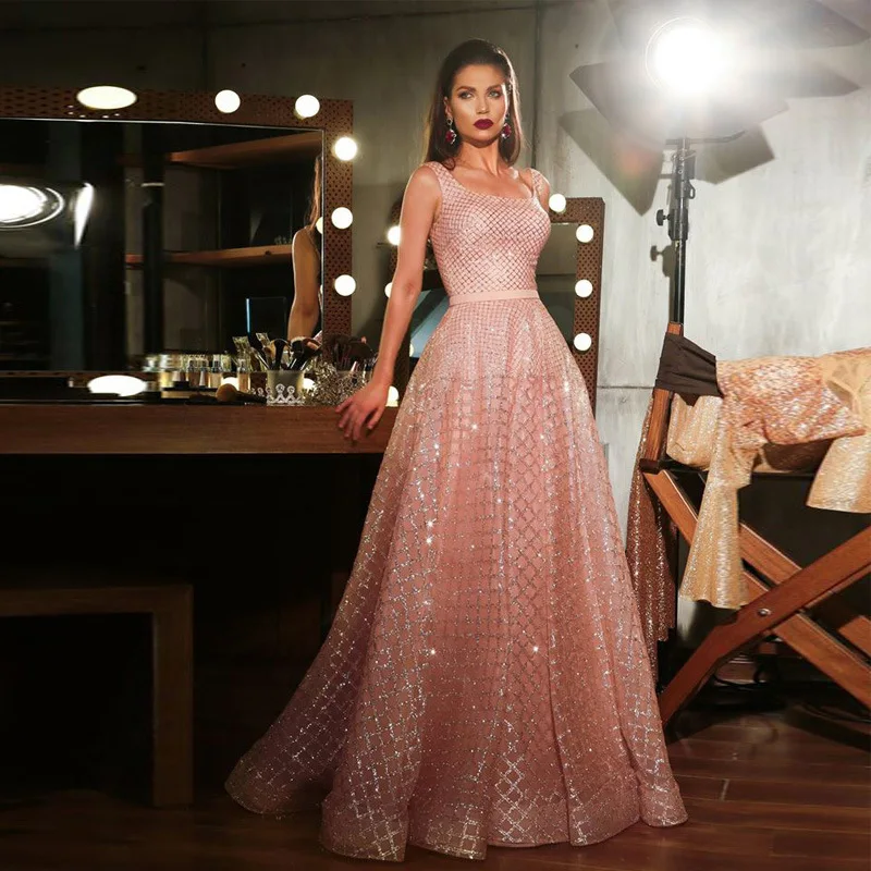 

Sequined Evening Gowns Square Collar Sequined Sleeveless Backless Formal Dress Women Elegant Prom Party Dress Robe De Soiree