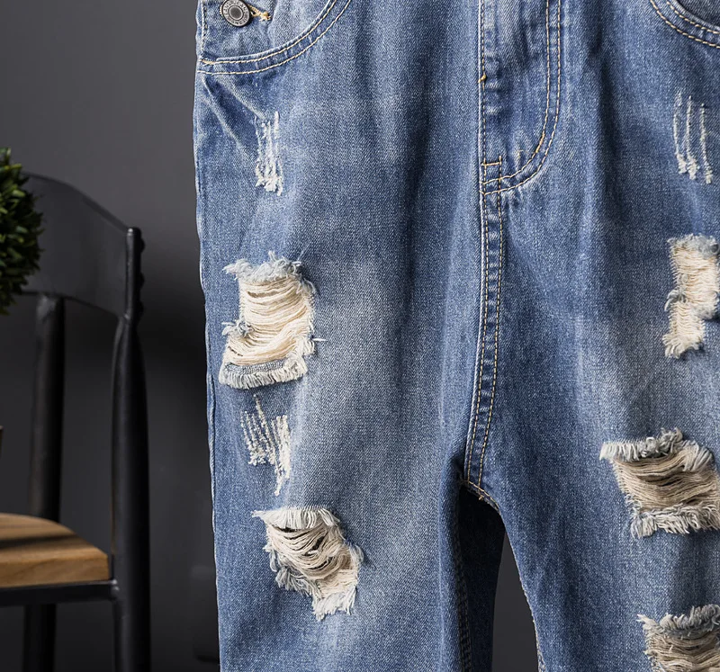 Summer Men's Hole Denim Shorts Straight Bib Jeans Jumpsuits Casual High Quality Hip-Hop Streetwear Tattered Blue Overalls Pants