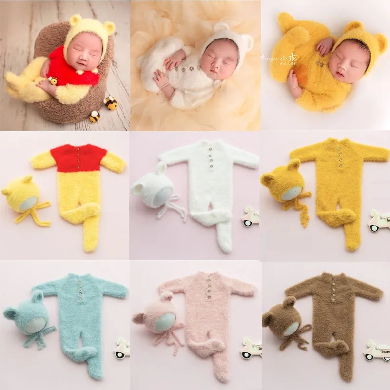 Newborn Photography Clothing Bear Hat+Jumpsuit 2Pcs/set Baby Photo Props Accessories Studio Newborn Infant Shoot Knit Clothes