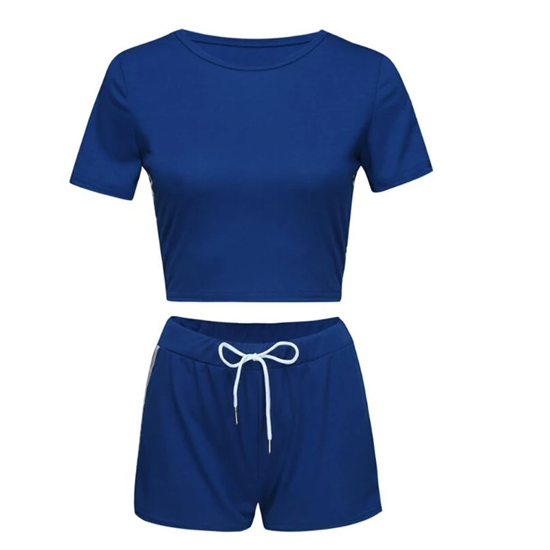 

2021 Fashion Summer Women Shorts And Crop Top Set Round Neck Short Sleeve Stripe Grey Female Sets