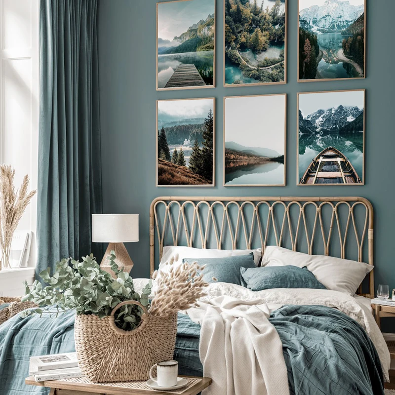 Скандинавский природный пейзаж настенный плакат гора озеро лодка принт