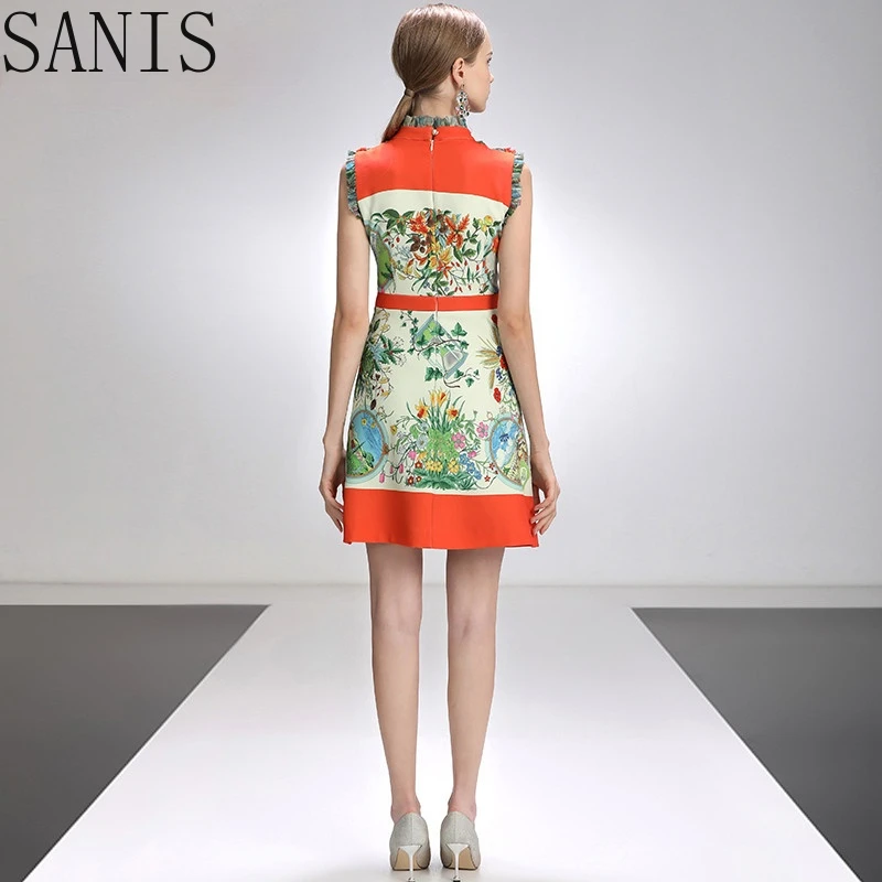 

Sanis Fashion Designer Dress Summer Women's dress Sleeveless Beaded Ruffles Vintage Floral-Print Short Dresses