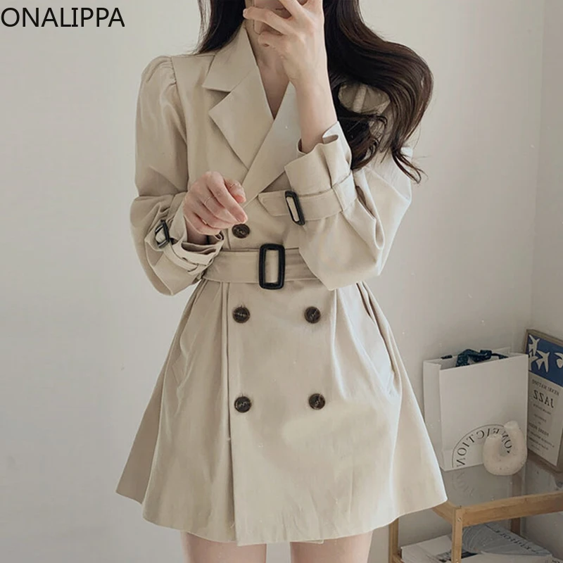 

Женское платье ONALIPPA, осень 2021, корейский шикарный элегантный темпераментный костюм с воротником, двубортный плащ со шнуровкой и пышными рук...