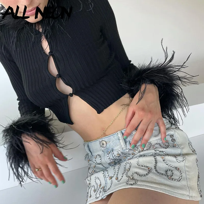 

ALLNeon Y2K Streetwear Sexy Ribbed Feather Trim Black Cardigans 2000s Fashion Button Up Long Sleeve Knit Cropped Sweaters Women