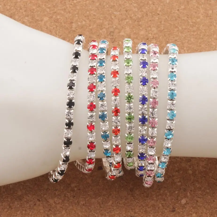 

12PCS Colorful Spring Rhinestone Crystal Bracelets Tennis 16Colors 42stones Fit Thin Adult BB72