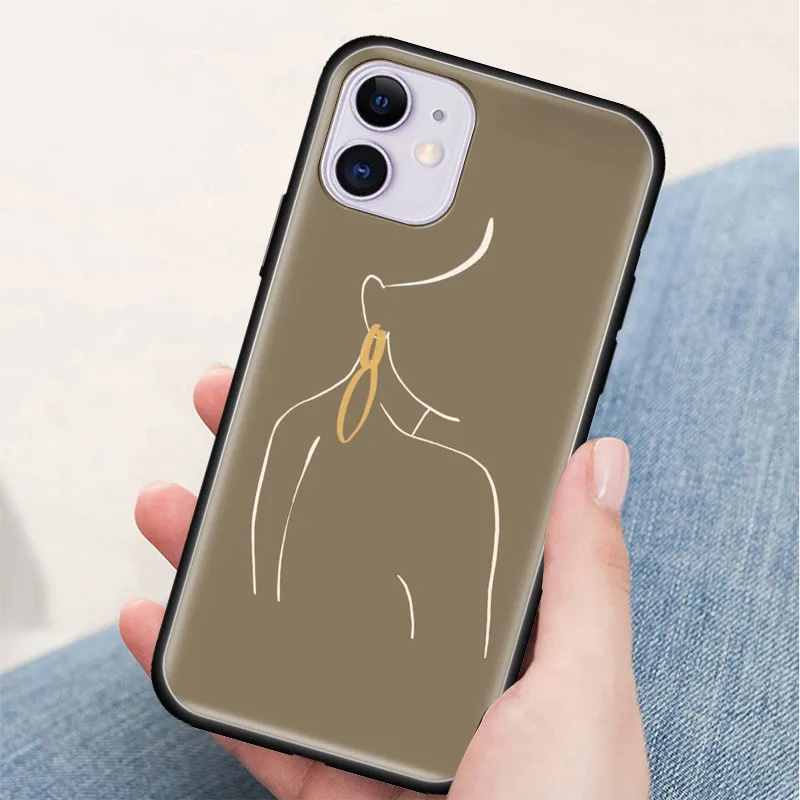 

Art Line Woman Flower Case For Apple iPhone 7 8 12 11 Pro Max XR XS X 6 6S Plus SE 2020 Black Soft Tampa Phone Coque