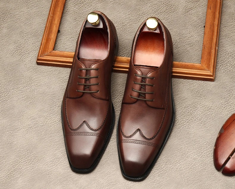 

Genuine Leather Men Brogue British Oxford Dress Shoes Fashion Wedding Square Head Lace Up Business Shoes Formal Black Party Shoe