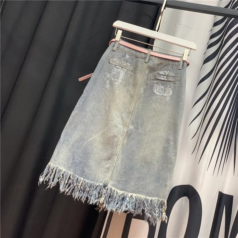 Beautiful Girl Sequin Denim Skirts Women Frayed Ripped Tassel High Quality Mid Long Jeans Skirt Female 2020 Summer Streetwear | Женская