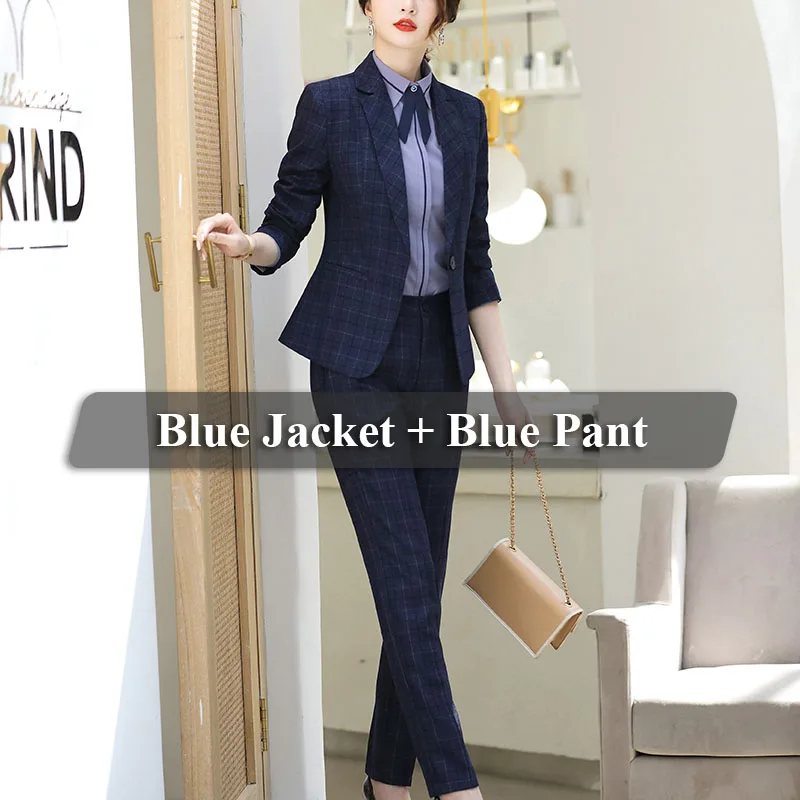 2 Pieces Blue Suit Lenshin, высокое качество, комплект из 2 предметов, клетчатый Деловой брючный костюм, Блейзер, Офисная женская униформа, дизайн, для женщин, сохраняющий стройность, пиджак и брюки - Цвет: 2 Pieces Blue Suit