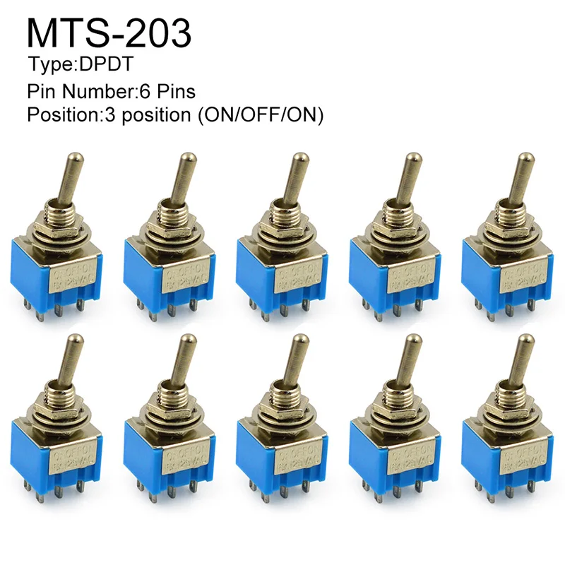 10 шт. миниатюрный тумблер однополюсный двойной переключатель SPDT (MTS102) ON-ON 125VAC 6A 1/4
