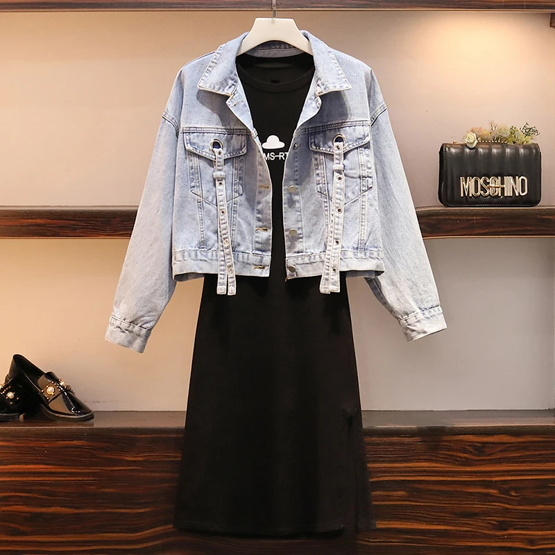 Весенняя Новинка 2020 модная джинсовая куртка + платье костюм из двух предметов