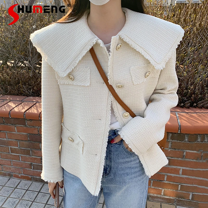 

Женский твидовый кардиган с морячным воротником, Белый однобортный Свободный кардиган с морячным воротником и длинным рукавом, осень 2021