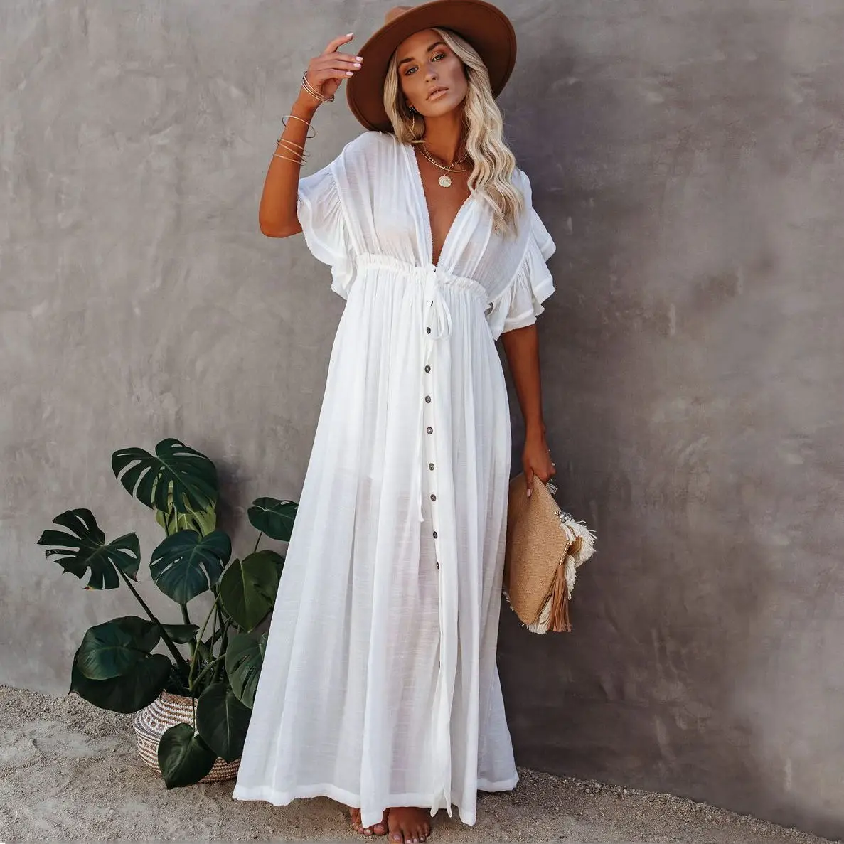 

Beach Blouse, Slub Cloth Button, Drawstring Waist Long Skirt, Sunscreen Shirt Beach Cover Up Woman Dress