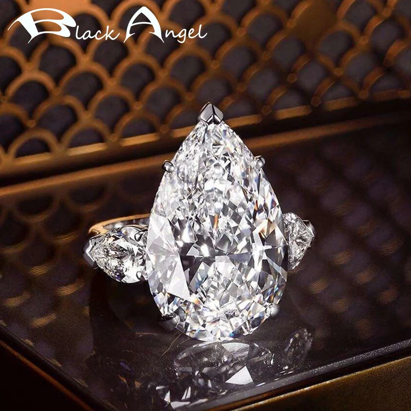 

BLACK ANGEL 925 Sterling Silver Big Shiny Bling White Water Drop Gemstone CZ Adjustable Ring For Women Jewelry Wedding Gift