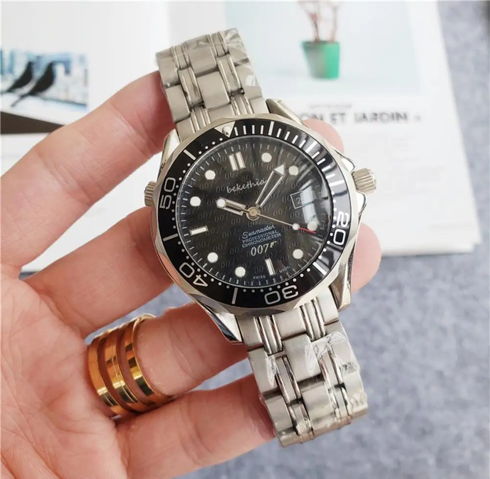 

Men's watch 40mm black 007 dial silver strap automatic mechanical men's 316L stainless steel automatic spring wrist watch