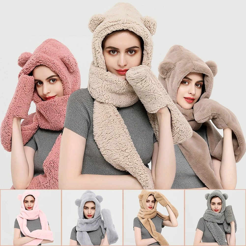 

3 In 1 Womens Cute Hooded Scarf With Gloves Soft Plush Thick Winter Warm Fashion Korean Hoodie Hat Neck Long Ear Flaps Mitten