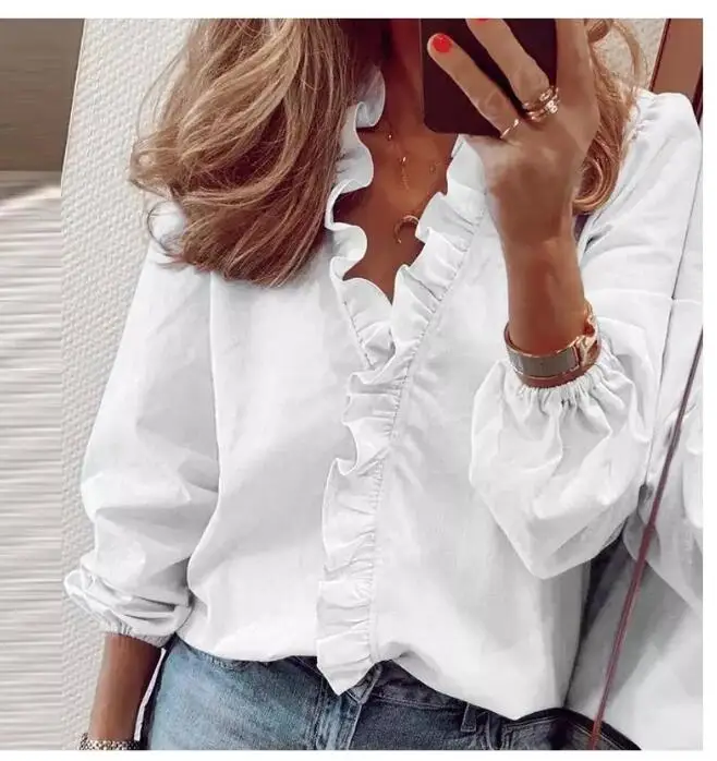 

2021 Blouse Shirts Office Lady Spring Summer Print Long Sleeve Ruffle Women Blouses Sexy V-neck pullover Tops
